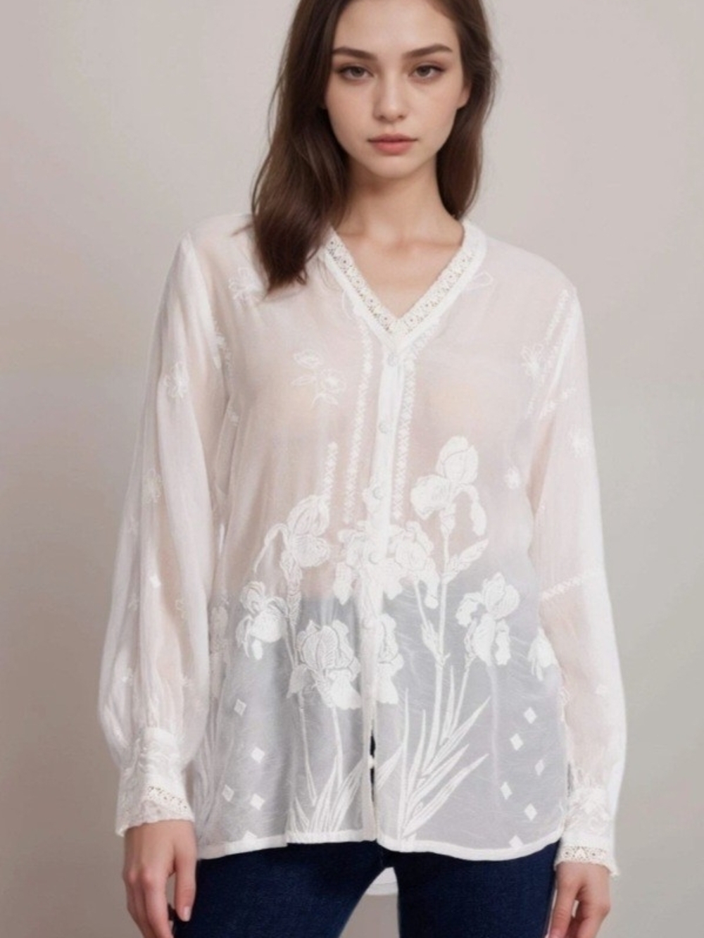 Johnny Was White Orchid Party De Vries Floral Embroidered V-Neck Blouse